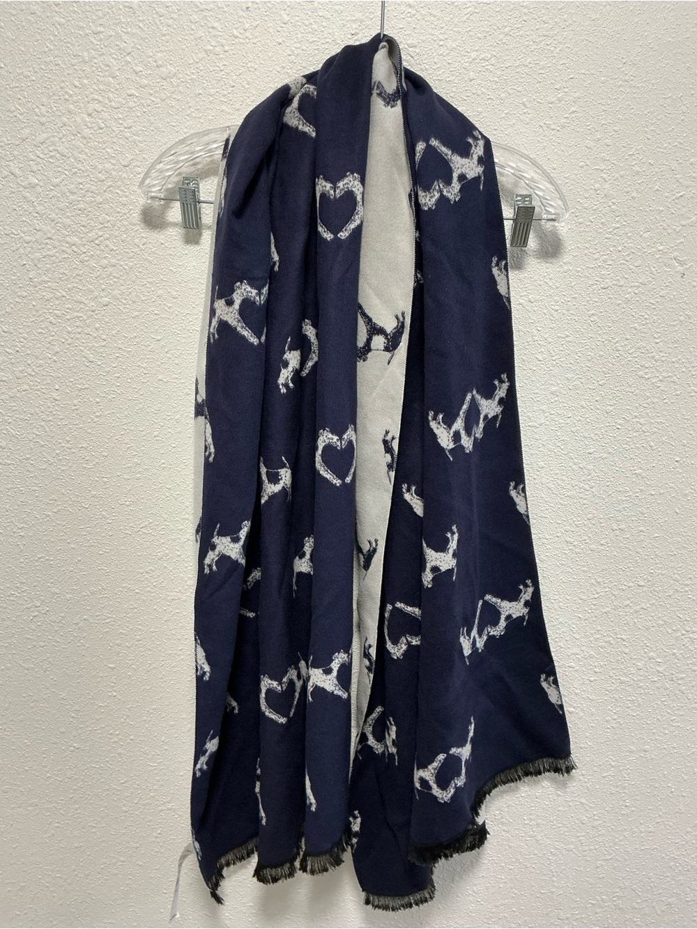 Joules Jacquelyn women’s navy blue grey dog print reversible scarf fringe wrap
